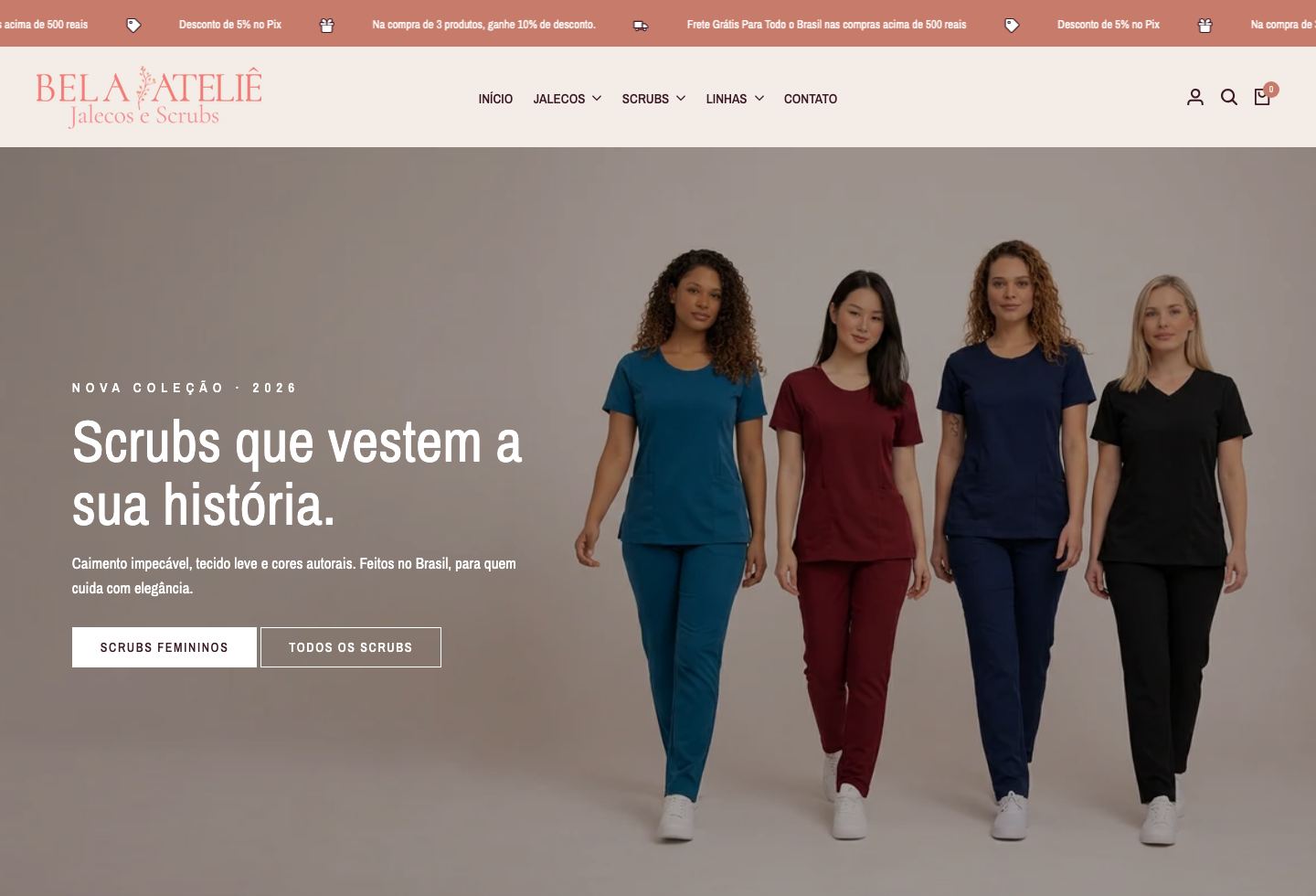 Home da loja Bela Ateliê, hero editorial e linha clássica de jalecos