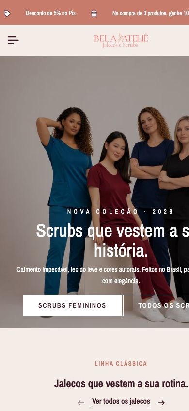 Loja Bela Ateliê no mobile, layout fluido e responsivo